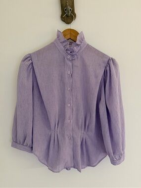 Vintage 70s Lavender Ruffle Neck Puff Sleeve Prairie Blouse